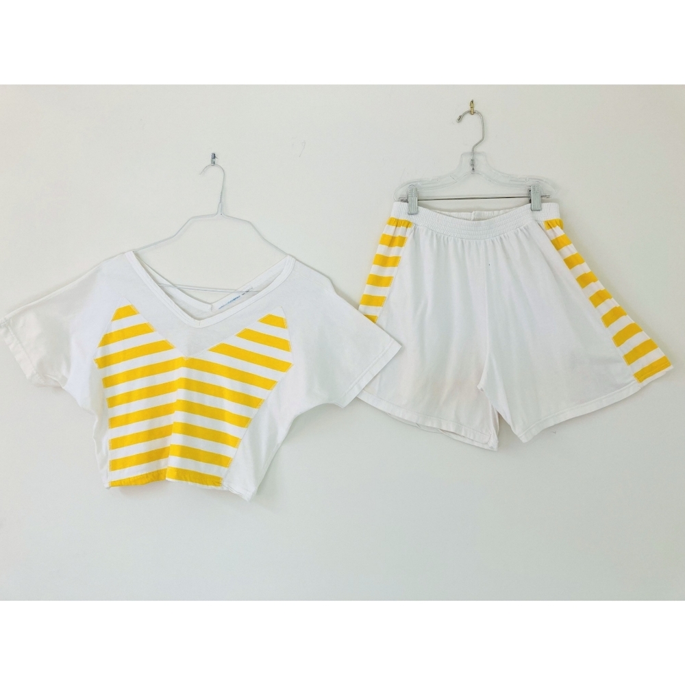 Vintage V-neck Striped Crop Top & High Waisted Shorts Set
